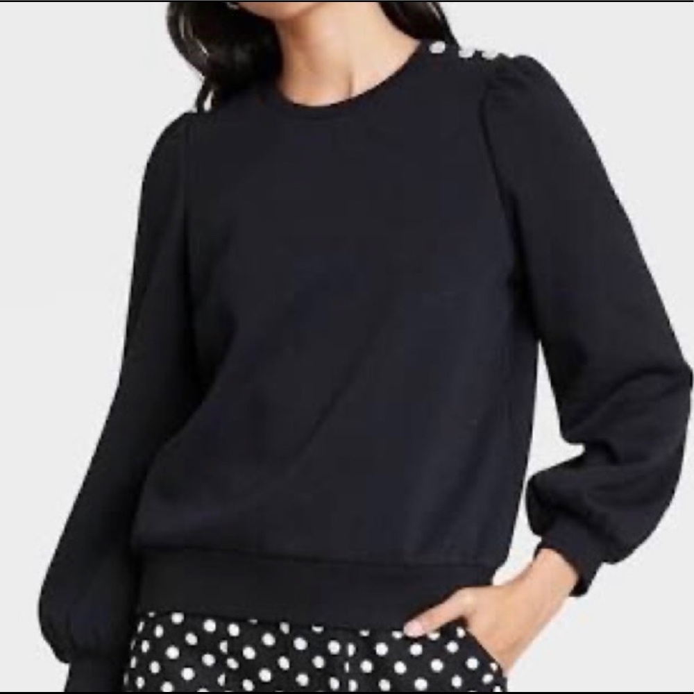 Who What Wear • Black Puff Sleeve Sweatshirt w/ Rhinestone Buttons
